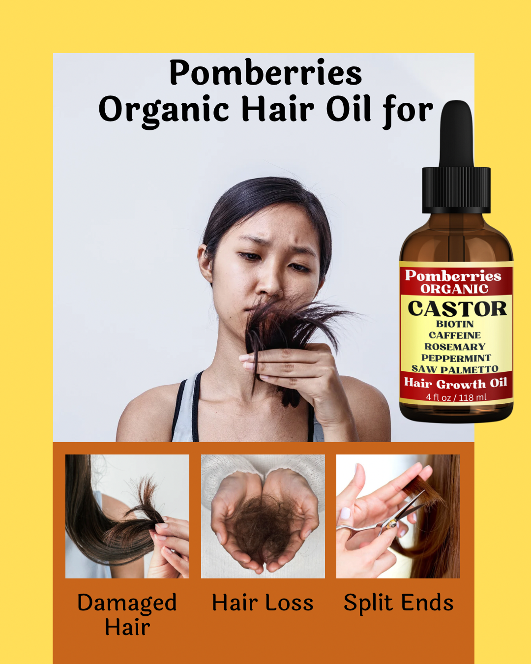 Pomberries Organic Castor Oil with Rosemary, Mint, Caffeine, and Saw Palmetto Scalp & Hair Oil, Treatment, Stimulate Growth for Eyebrows & Hair, Reduce Hair Loss, Revitalize & Strengthen, 4 fl oz( with Scalp Massager)