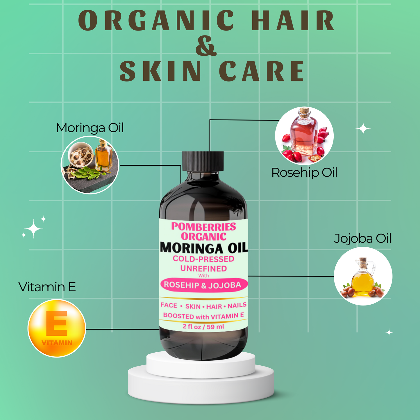 Premium Organic Cold-Pressed Moringa Oil, with Organic Rosehip Oil, & Jojoba Oil, Unrefined & Nutrient-Rich for Skin, Hair & Body, Anti-Aging, Face Oil, Natural Moisturizer, Boosted with Vitamin E