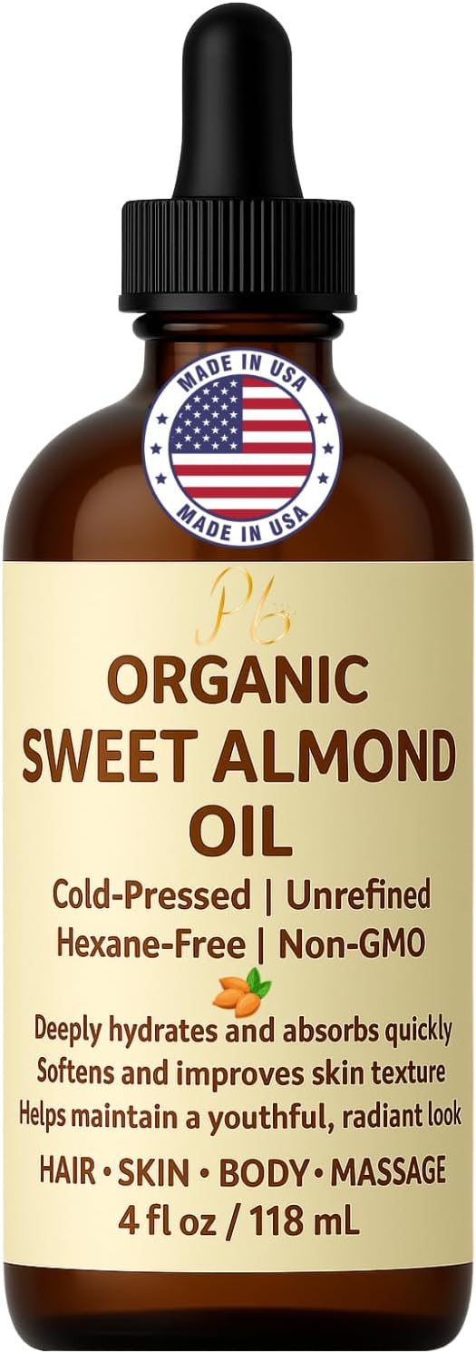 Organic Sweet Almond Oil – 100% Pure, Cold-Pressed & Unrefined | Deeply Hydrating, Lightweight Moisturizer for Face, Body, Hair & Massage – 4 fl oz Amber Glass Bottle