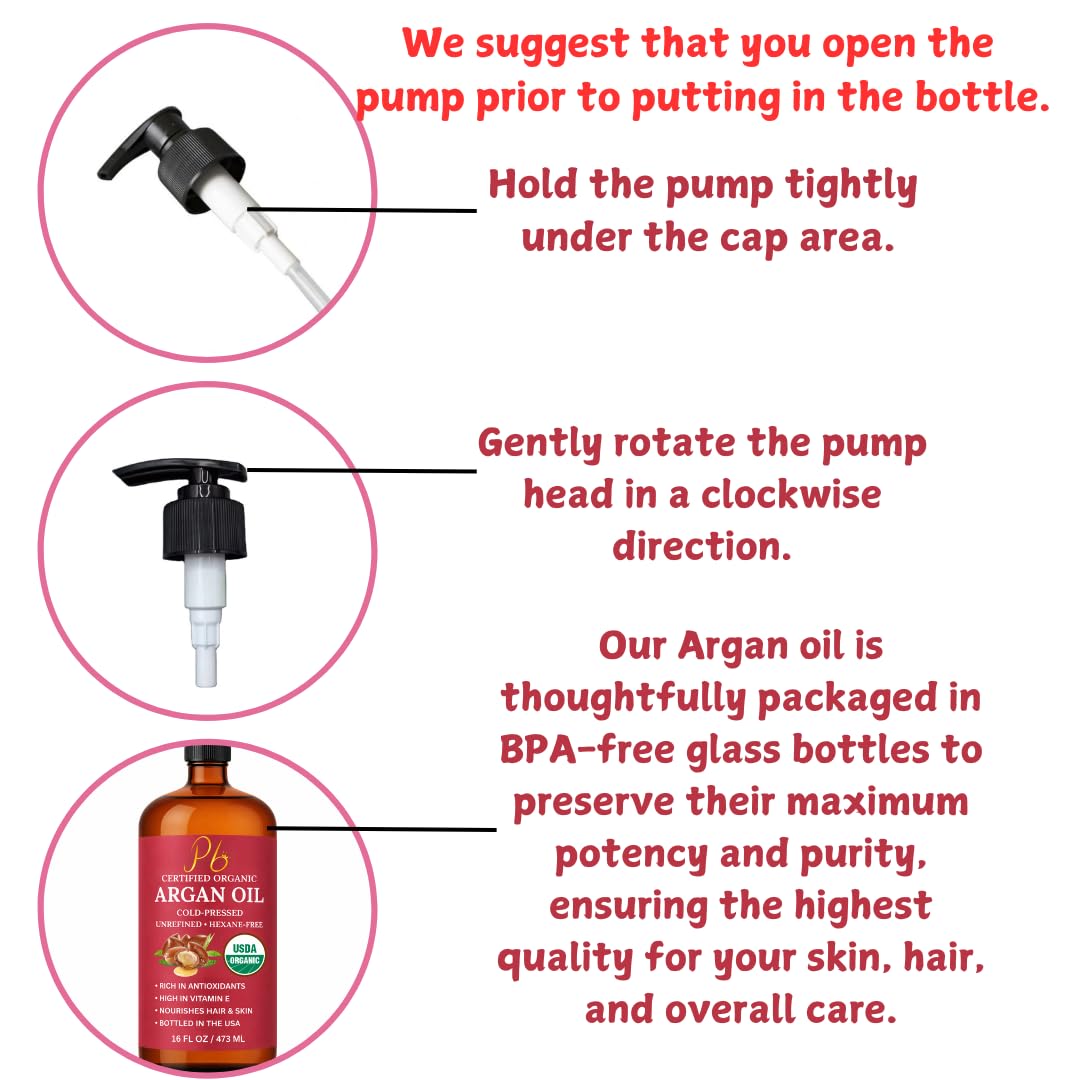 Pomberries USDA Organic Argan Oil 16 fl oz – Cold-Pressed, Unrefined Moroccan Argan Oil for Hair & Skin – Glass Bottle with Pump