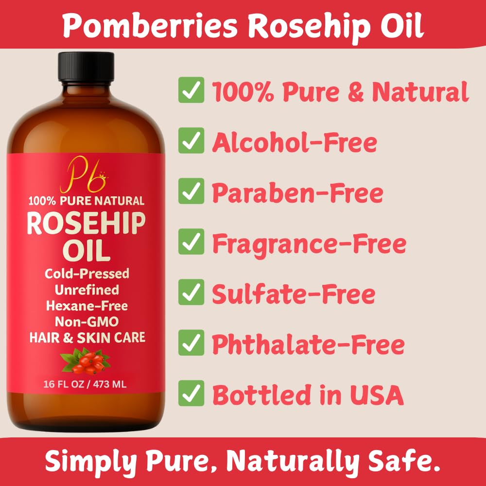 Rosehip Oil – 16 fl oz Glass Bottle with Pump – Cold-Pressed & Unrefined, Rosehip Oil for Face, Skin & Hair – Natural Moisturizer for Scars, Wrinkles, Stretch Marks & Gua Sha Massage