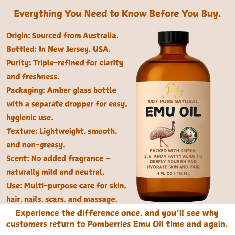 100% Pure Australian Emu Oil – Refined & Unscented | Natural Pain Relief, Anti-Inflammatory, Anti-Aging Moisturizer | Skin, Joints, Scalp | Non-Greasy | 4 fl oz Glass Bottle
