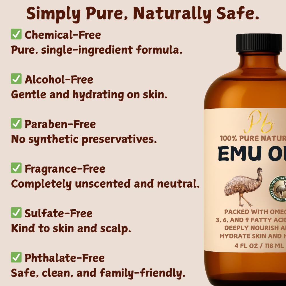 100% Pure Australian Emu Oil – Refined & Unscented | Natural Pain Relief, Anti-Inflammatory, Anti-Aging Moisturizer | Skin, Joints, Scalp | Non-Greasy | 4 fl oz Glass Bottle