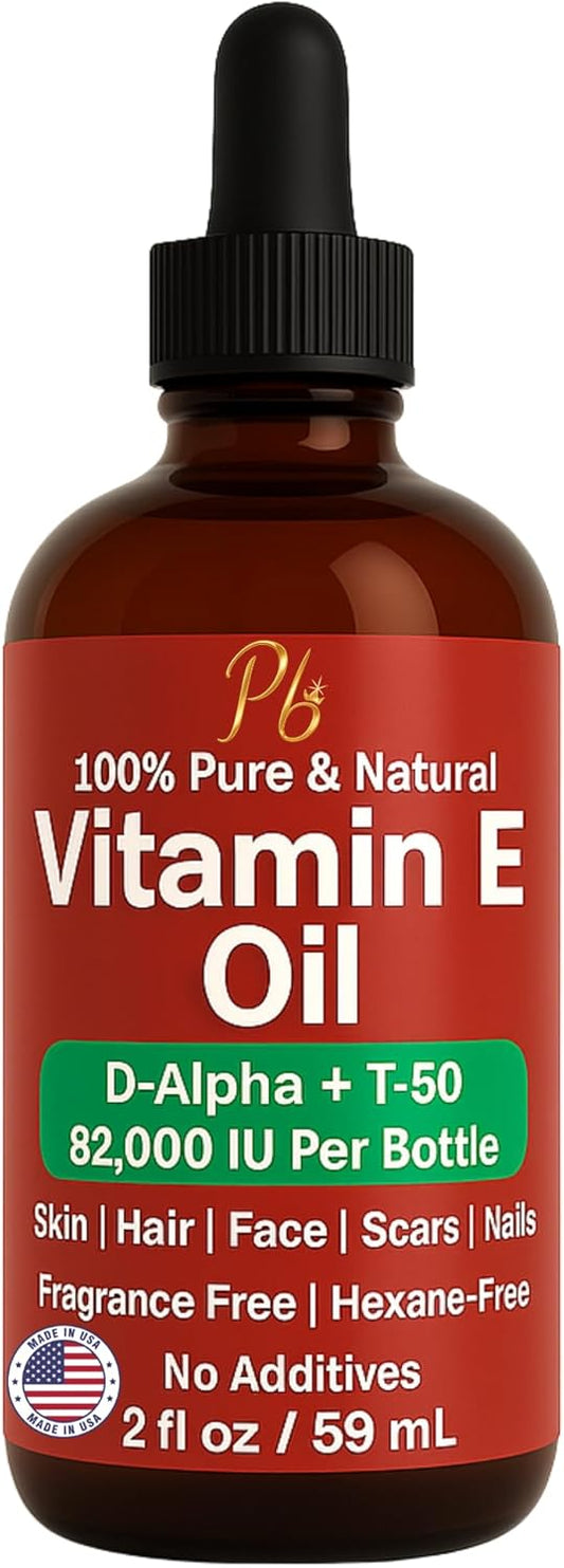 Vitamin E Oil – 82,000 IU | Broad-Spectrum Tocopherols (D-Alpha, Gamma, Beta, Delta) | Scar, Stretch Mark & Dry Skin Care | Face, Hair, Body & Massage – 2 fl oz Glass Bottle, Made in USA