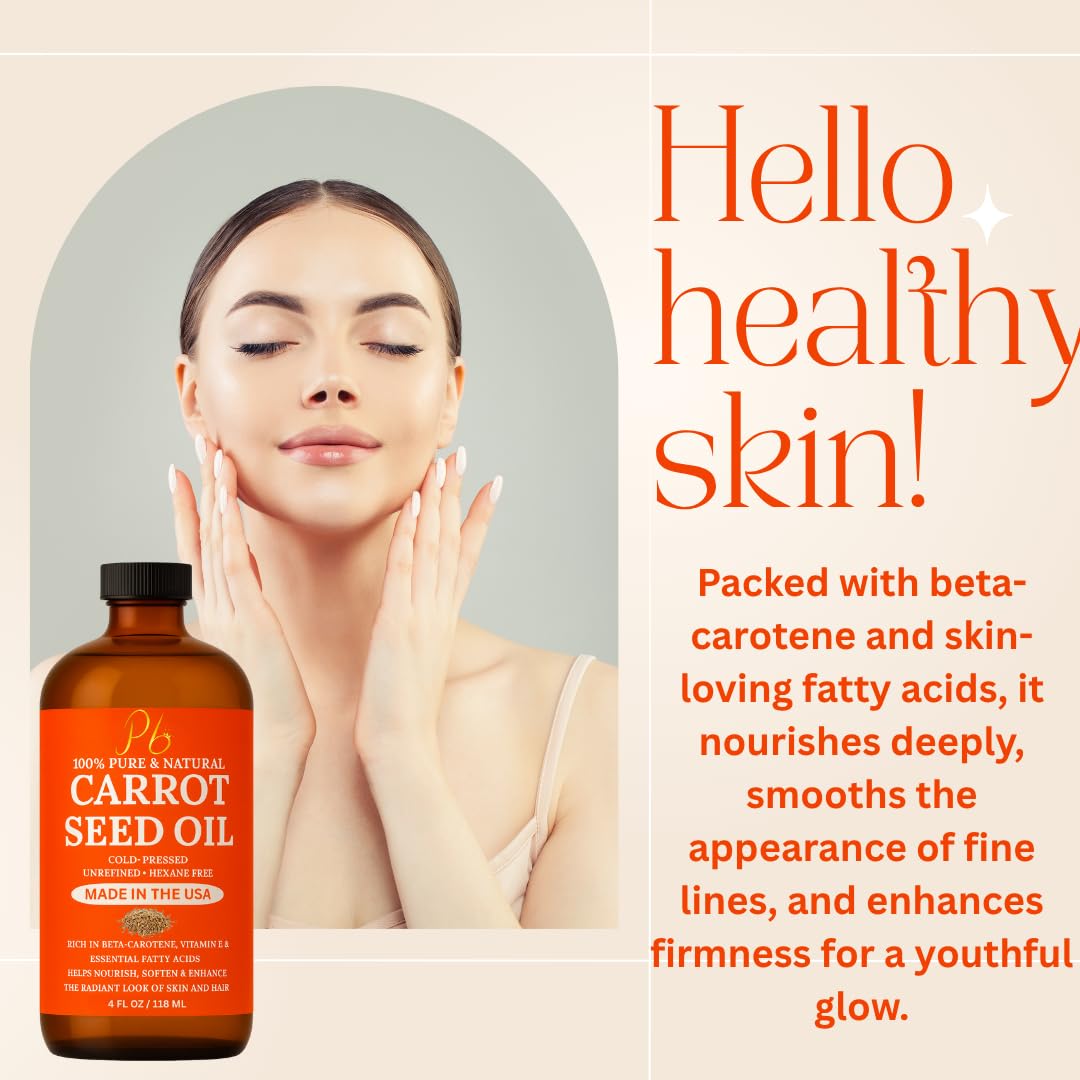 Pomberries Carrot Seed Oil – 100% Pure Cold-Pressed Carrier Oil for Face, Hair & Skin – Hexane-Free Natural Moisturizer, 4 fl oz Glass Bottle, Made in USA