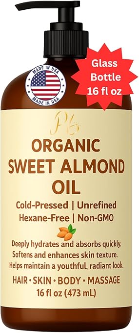 Organic Sweet Almond Oil – 100% Pure, Extra Virgin & Unrefined | Face, Hair, Body & Massage – Lightweight, Non-Greasy, Unscented, Hexane-Free – 16 fl oz Glass Bottle with Pump