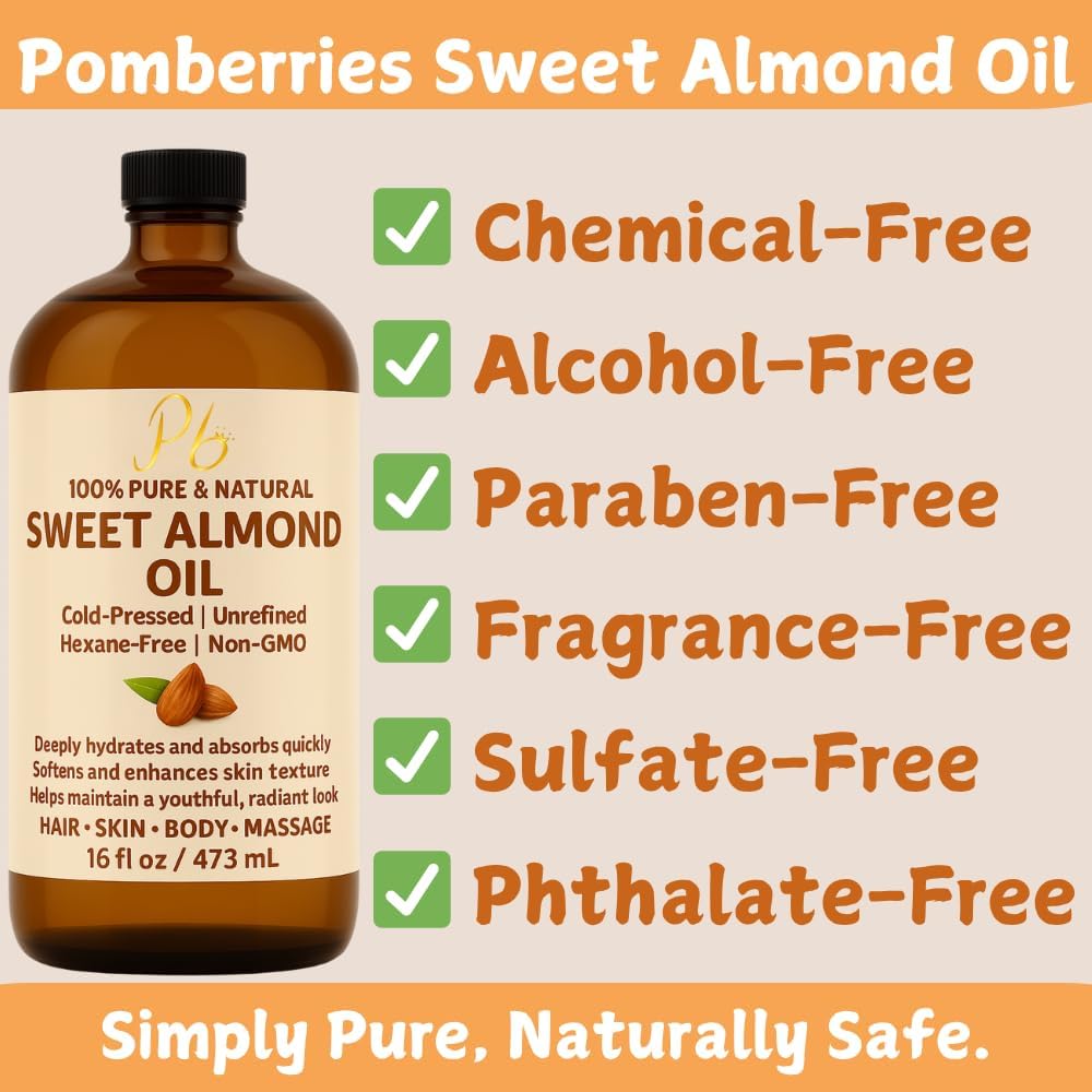 Almond Oil – 16 fl oz Glass Bottle with Pump | 100% Pure, Cold-Pressed, Unrefined &amp; Hexane-Free | Sweet Almond Carrier Oil for Skin, Face &amp; Hair | Natural Moisturizer &amp; Massage Oil