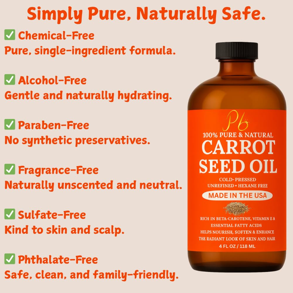 Pomberries Carrot Seed Oil – 100% Pure Cold-Pressed Carrier Oil for Face, Hair & Skin – Hexane-Free Natural Moisturizer, 4 fl oz Glass Bottle, Made in USA