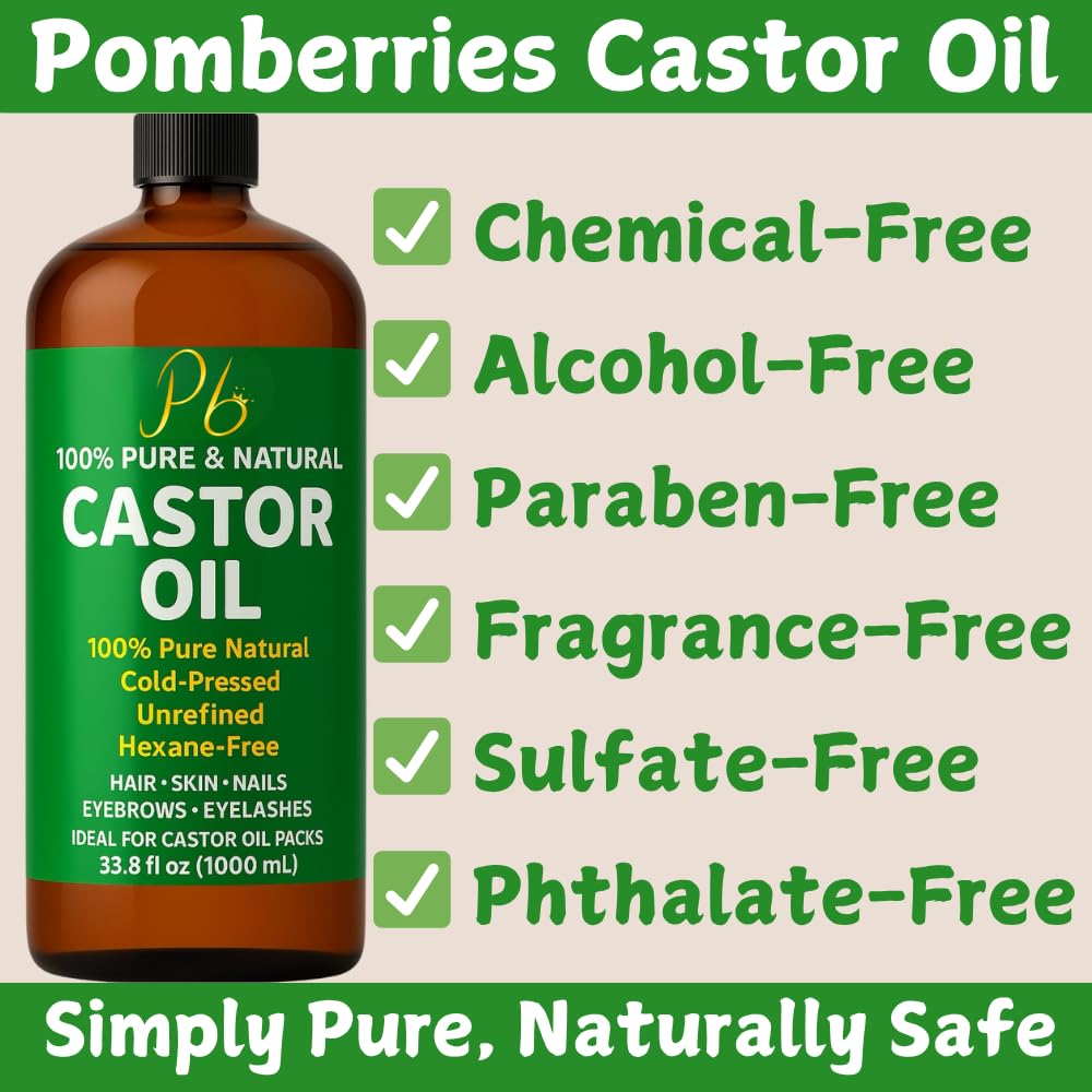 Castor Oil – Bulk Size 33.8 fl oz (1 Liter), 100% Pure, Cold-Pressed, Unrefined &amp; Hexane-Free | Hair Growth Oil, Eyelash &amp; Eyebrow Serum, Skin &amp; Scalp Moisturizer, Carrier Oil, Castor Oil Pack Wrap
