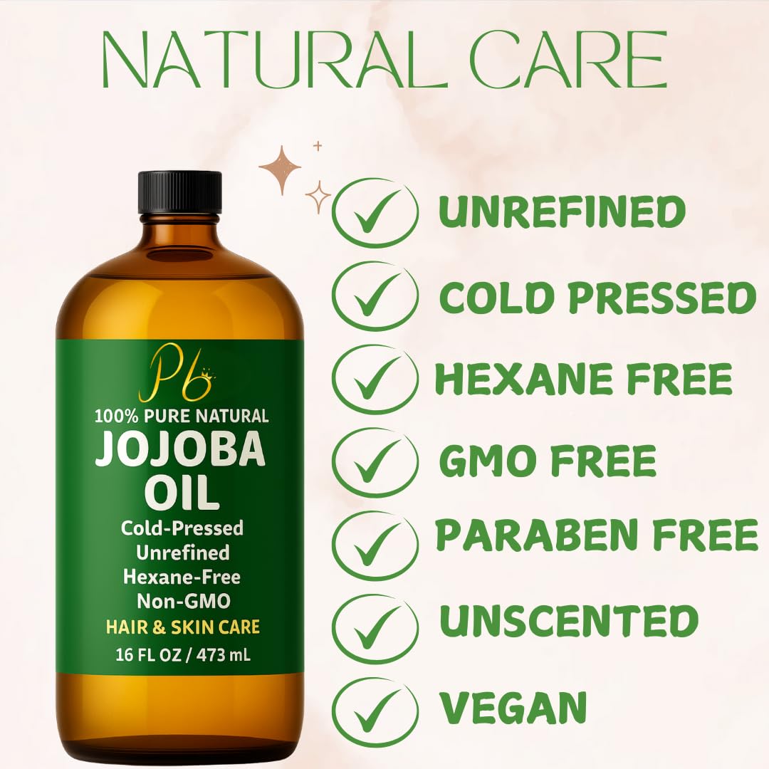 Jojoba Oil – 16 fl oz Glass Bottle with Pump – Cold-Pressed, Unrefined & Hexane-Free Jojoba Oil for Hair, Skin & Face – Natural Moisturizer & Lightweight Carrier Oil for Essential Oils & Massage