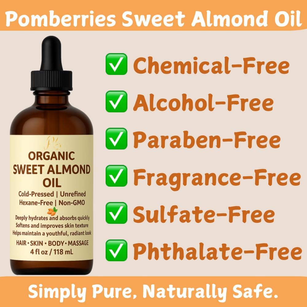 Organic Sweet Almond Oil – 100% Pure, Cold-Pressed & Unrefined | Deeply Hydrating, Lightweight Moisturizer for Face, Body, Hair & Massage – 4 fl oz Amber Glass Bottle