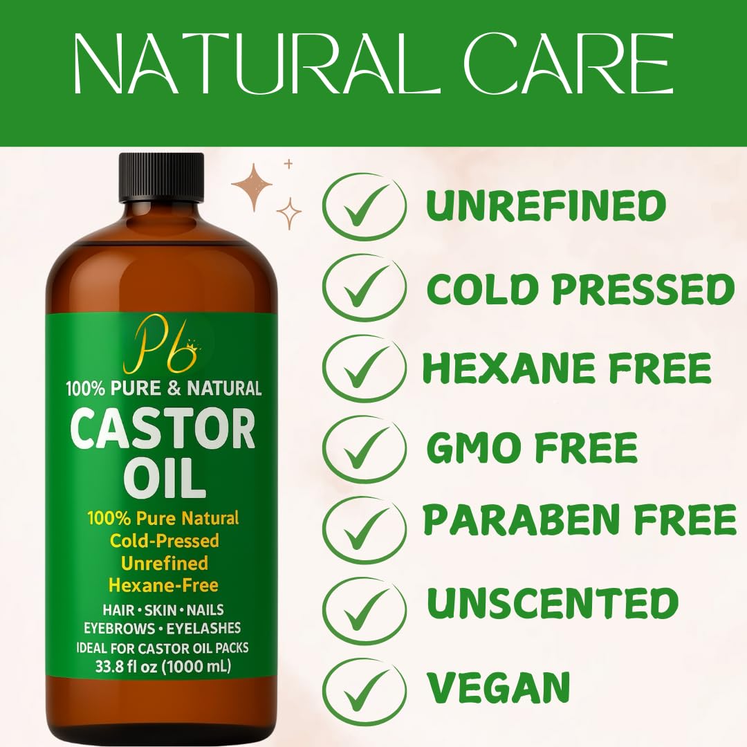 Castor Oil – Bulk Size 33.8 fl oz (1 Liter), 100% Pure, Cold-Pressed, Unrefined &amp; Hexane-Free | Hair Growth Oil, Eyelash &amp; Eyebrow Serum, Skin &amp; Scalp Moisturizer, Carrier Oil, Castor Oil Pack Wrap