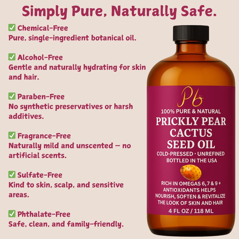 Prickly Pear Seed Oil | 100% Pure, Cold-Pressed & Unrefined, Prickly Pear Oil for Face, Skin & Hair, Helps Improve the Look of Fine Lines & Wrinkles | 4 fl oz Glass Bottle