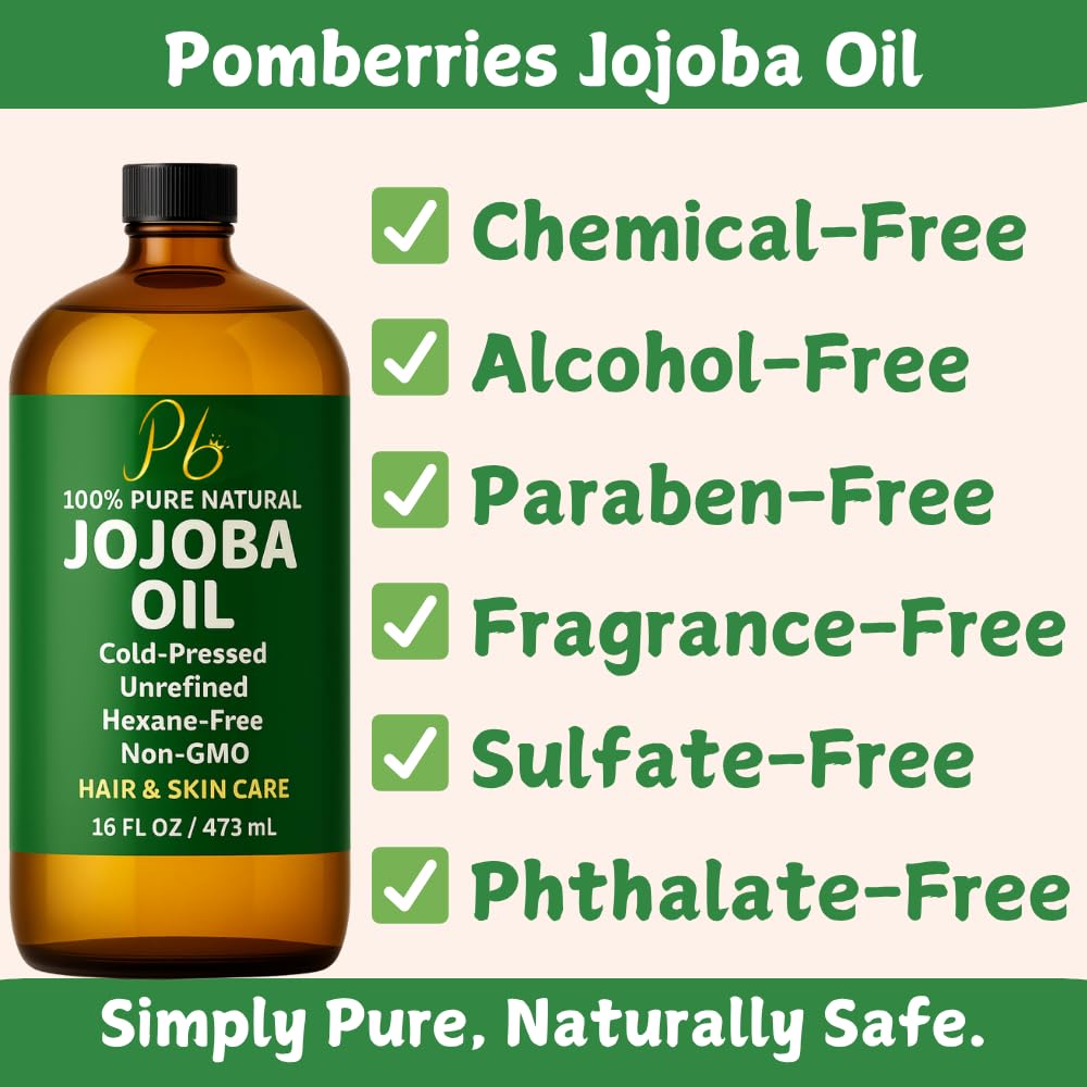 Jojoba Oil – 16 fl oz Glass Bottle with Pump – Cold-Pressed, Unrefined & Hexane-Free Jojoba Oil for Hair, Skin & Face – Natural Moisturizer & Lightweight Carrier Oil for Essential Oils & Massage