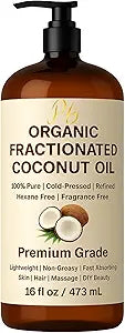 Organic Fractionated Coconut Oil – 100% Pure MCT Oil | Lightweight, Non-Greasy Carrier for Face, Hair, Body & Massage – Unscented, Hexane-Free – 16 fl oz Glass Bottle with Pump