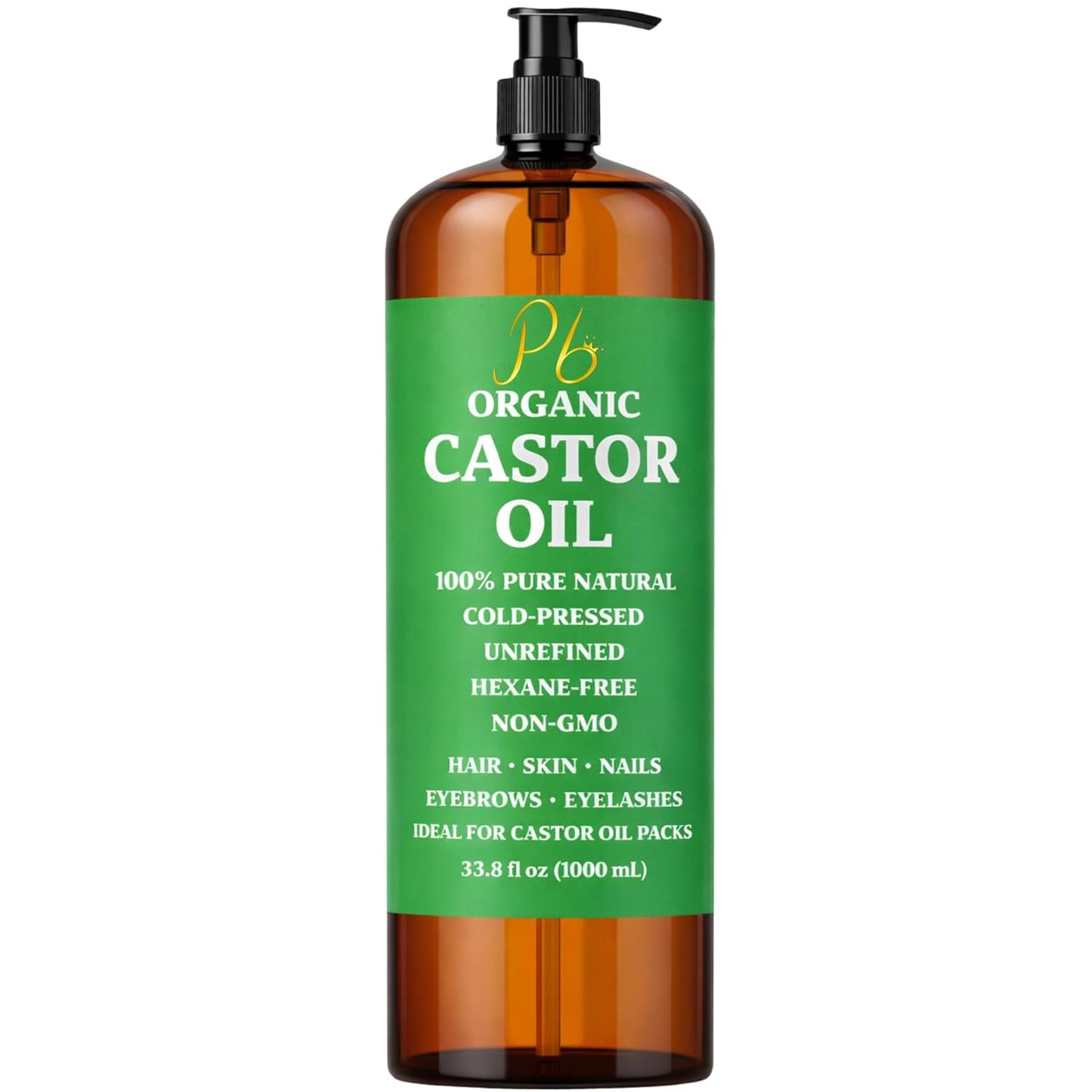 Castor Oil – Bulk Size 33.8 fl oz (1 Liter), 100% Pure, Cold-Pressed, Unrefined &amp; Hexane-Free | Hair Growth Oil, Eyelash &amp; Eyebrow Serum, Skin &amp; Scalp Moisturizer, Carrier Oil, Castor Oil Pack Wrap