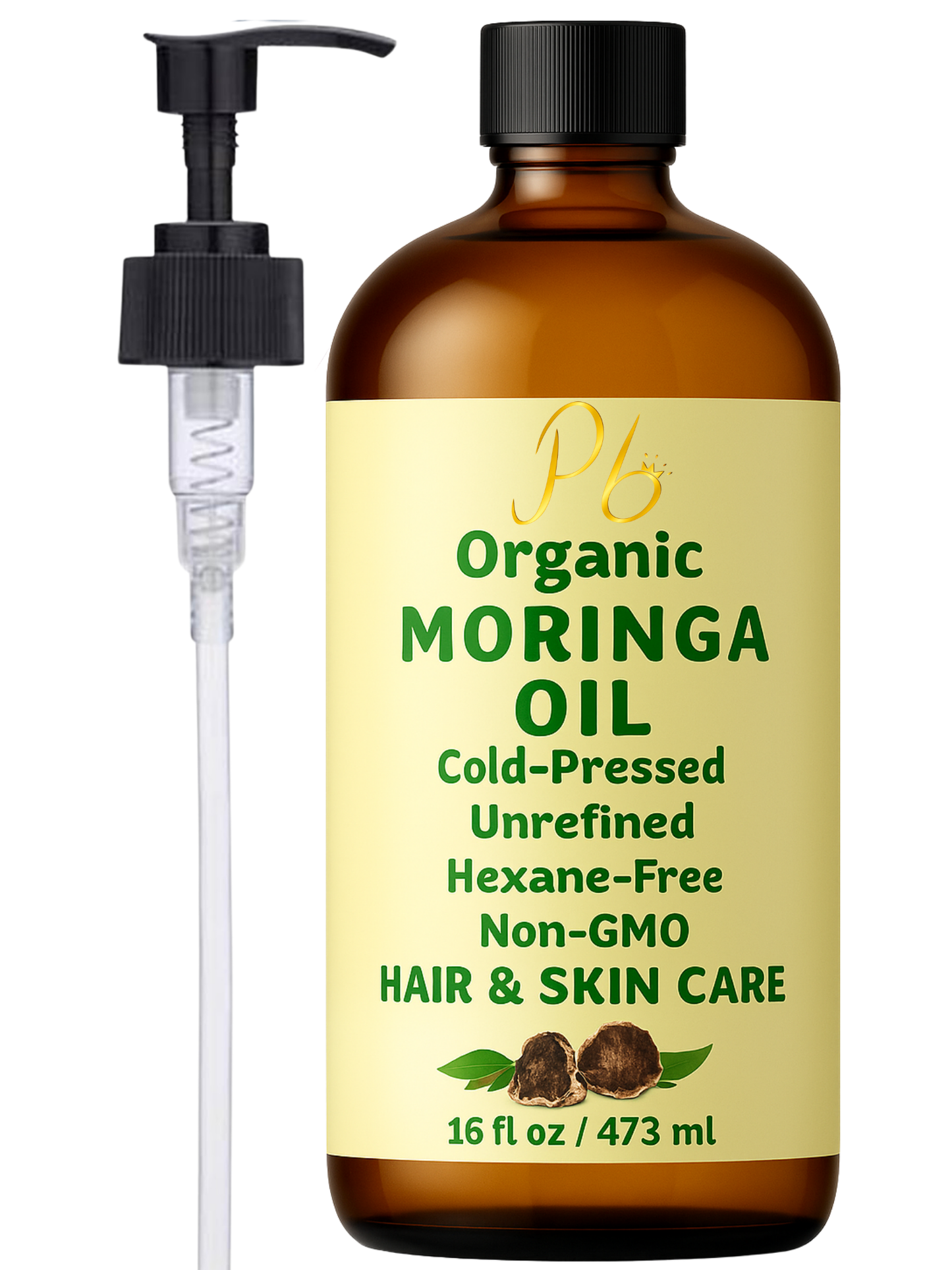 Organic Moringa Oil – 16 fl oz Bulk Size | Cold-Pressed & Unrefined | Anti-Aging Facial Oil | Wrinkle Reduction, Skin Firming, Hair & Scalp Moisturizer | Glass Bottle with Pump