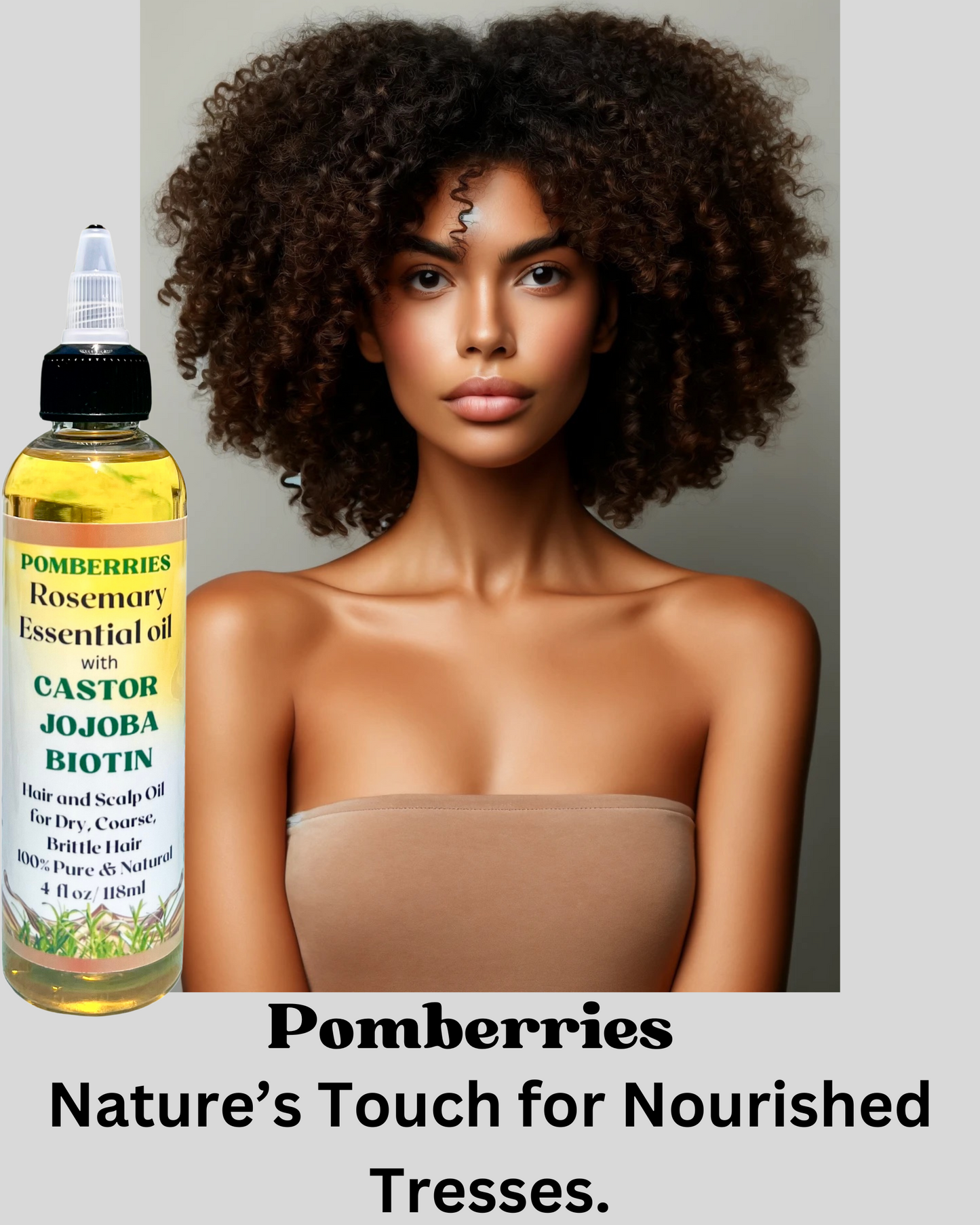 Pomberries Rosemary Essential Oil with Castor & Biotin Scalp & Hair Oil for Wavy, Curly, Coily Hair, Hair Loss Treatment with Argan, Panthenol & Jojoba for Weak, Thinning Hair 4 fl oz