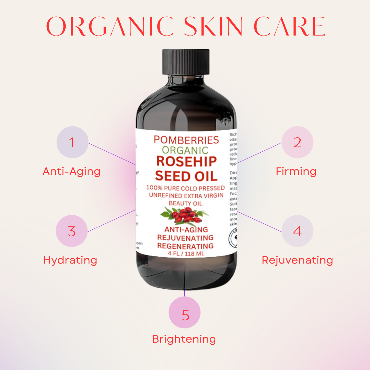 Rosehip Oil for Face & Skin, Organic Rosehip Seed Face Oil for Anti-Aging, Reduces Appearance of Wrinkles, Rich In Vitamin C, Retinol & Fatty Acids, Carrier Oil- Glass Bottle 4 fl oz