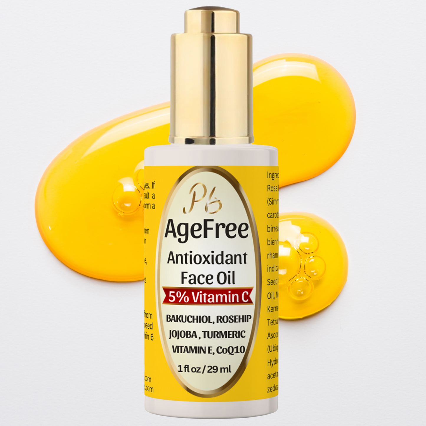 PomBerries AgeFree Antioxidant Face Oil with 5% Vitamin C- Anti-Aging, Hydrating, Rejuvenating - Moringa, Rosehip, Jojoba, Bakuchiol, Carrot Seed Oil, Vitamin E, CoQ10 - 1 fl. oz / 30 ml