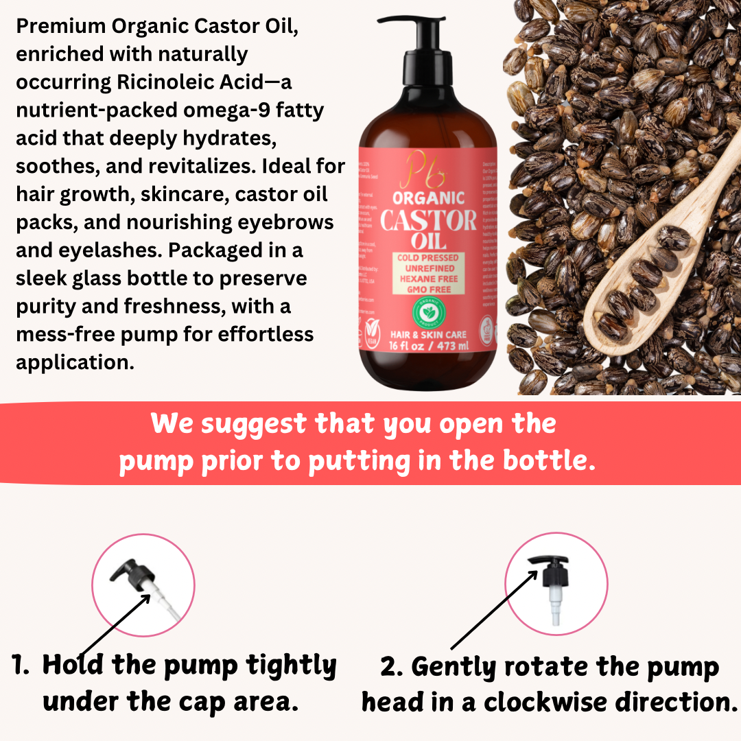 Organic Castor Oil, Cold-Pressed Castor Oil in Glass Bottle with Pump 16 fl oz