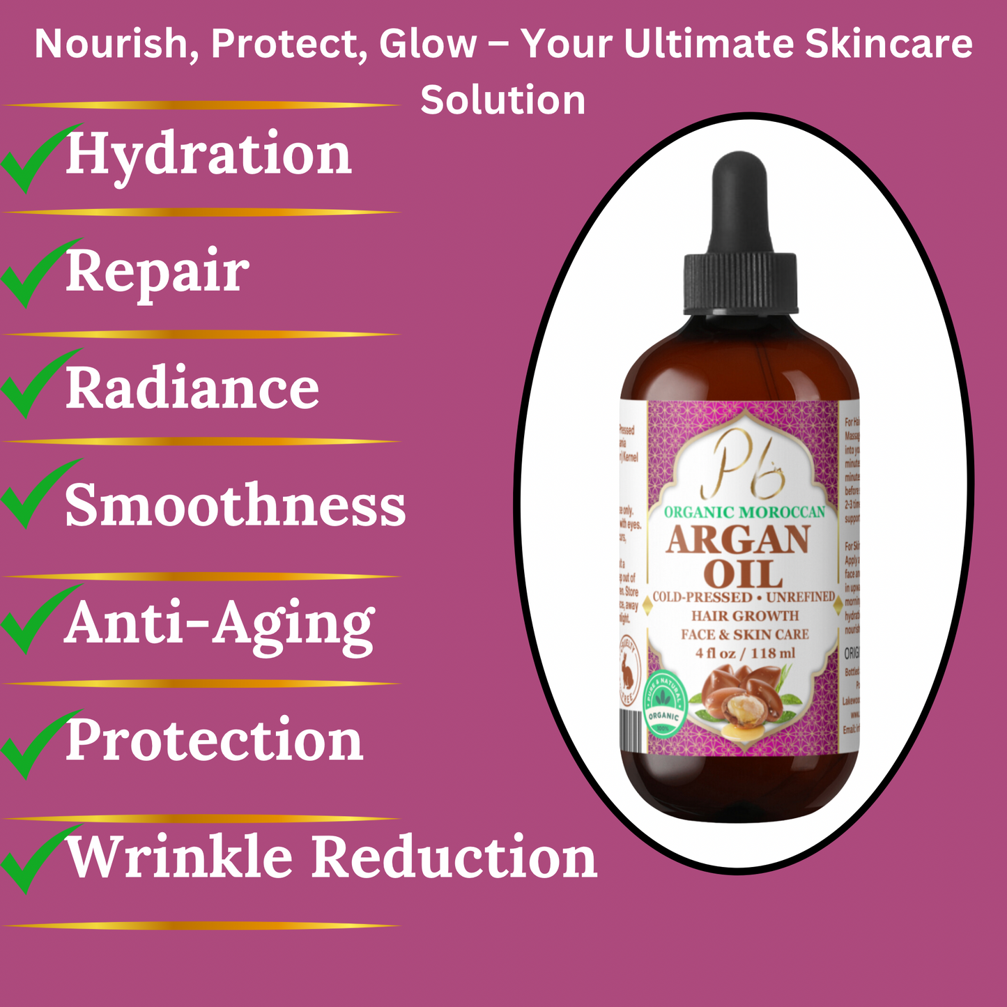 Organic Moroccan Argan Oil, 100% Pure Argan Oil, Cold Pressed Virgin Premium Grade Natural Moisturizer Treatment For Dry, Damaged Skin, Hair, Face, Body & Scalp, Argan Face Oil - Men & Women 4 fl oz