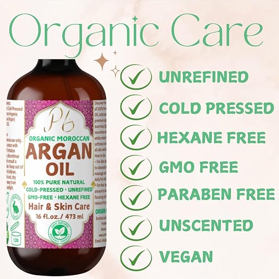 Pomberries Organic Moroccan Argan Oil – 100% Pure Argan Oil, Cold Pressed, Extra Virgin, Unrefined, Argan Oil for Hair, Face, Skin, Scalp & Body, Argan Hair Treatment, Glass Bottle with Pump 16 fl oz