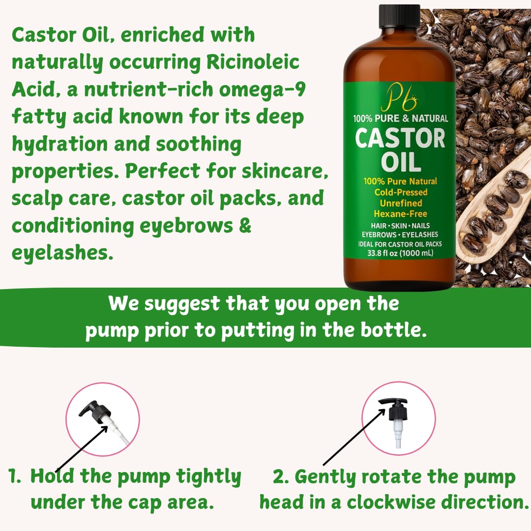 Castor Oil – Bulk Size 33.8 fl oz (1 Liter), 100% Pure, Cold-Pressed, Unrefined &amp; Hexane-Free | Hair Growth Oil, Eyelash &amp; Eyebrow Serum, Skin &amp; Scalp Moisturizer, Carrier Oil, Castor Oil Pack Wrap