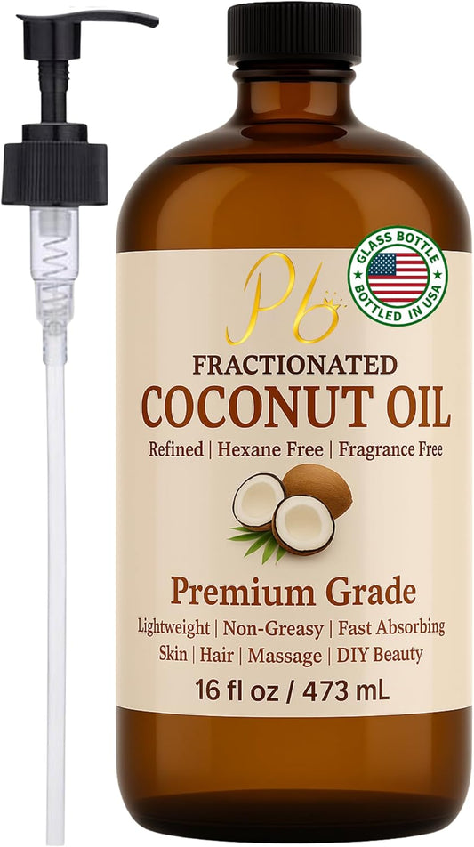 Fractionated Coconut Oil – 16 fl oz Glass Bottle with Pump | 100% Pure &amp; Natural, Lightweight Cold-Pressed Carrier Oil for Skin, Hair &amp; Body | Massage, Aromatherapy &amp; DIY Skincare