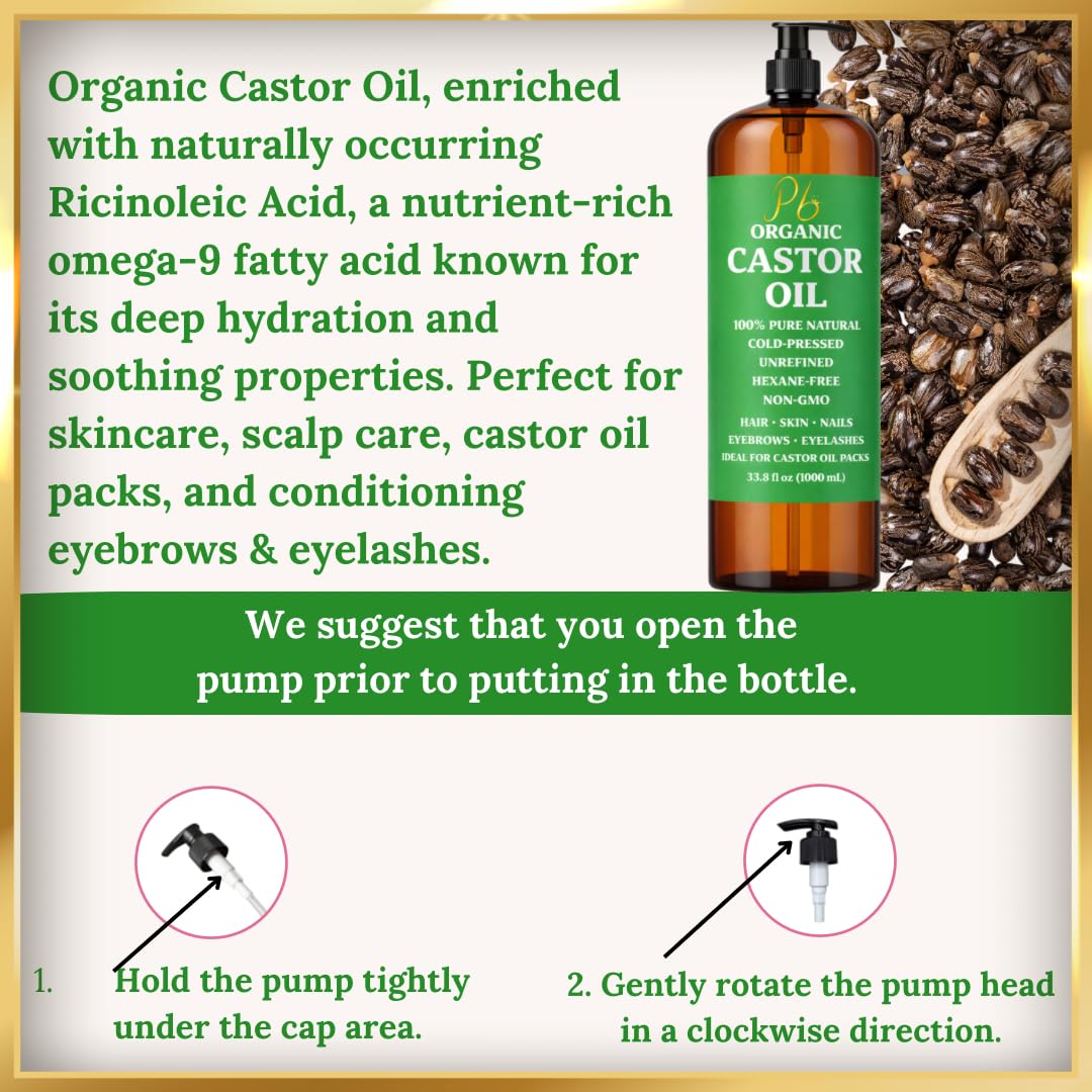Castor Oil – Bulk Size 33.8 fl oz (1 Liter), 100% Pure, Cold-Pressed, Unrefined &amp; Hexane-Free | Hair Growth Oil, Eyelash &amp; Eyebrow Serum, Skin &amp; Scalp Moisturizer, Carrier Oil, Castor Oil Pack Wrap