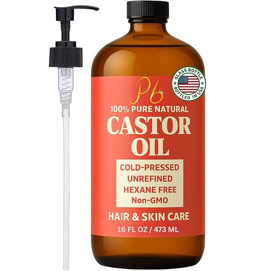 Castor Oil – 16 fl oz Glass Bottle with Pump | 100% Pure, Cold-Pressed, Unrefined, Hair Growth Oil, Eyelash & Eyebrow Serum, Skin & Scalp Moisturizer, Carrier Oil & Castor Oil Pack Wraps