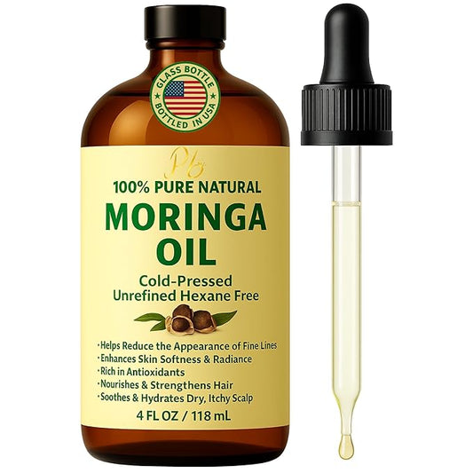 Moringa Oil – 100% Pure, Cold-Pressed & Unrefined – Moringa Seed Oil for Face, Skin, Hair & Body – Hydrating, Anti-Aging Moisturizer – 4 fl oz Amber Glass Bottle