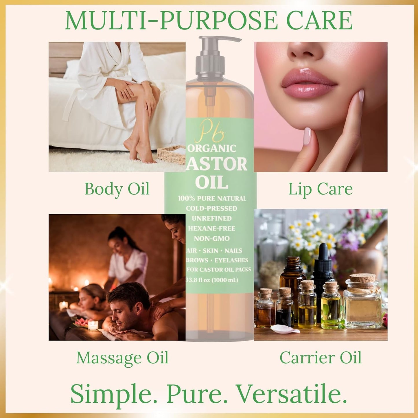 Castor Oil – Bulk Size 33.8 fl oz (1 Liter), 100% Pure, Cold-Pressed, Unrefined &amp; Hexane-Free | Hair Growth Oil, Eyelash &amp; Eyebrow Serum, Skin &amp; Scalp Moisturizer, Carrier Oil, Castor Oil Pack Wrap