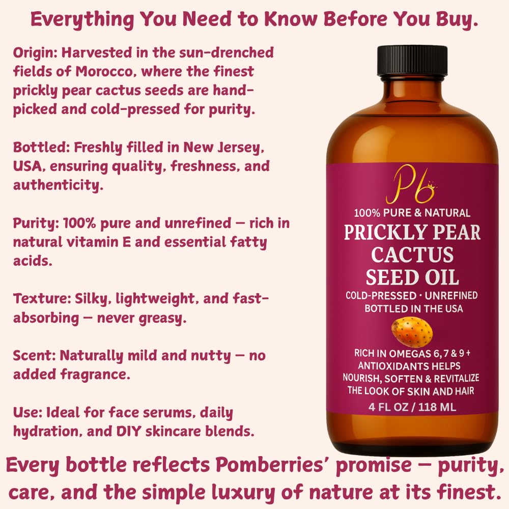 Prickly Pear Seed Oil | 100% Pure, Cold-Pressed & Unrefined, Prickly Pear Oil for Face, Skin & Hair, Helps Improve the Look of Fine Lines & Wrinkles | 4 fl oz Glass Bottle
