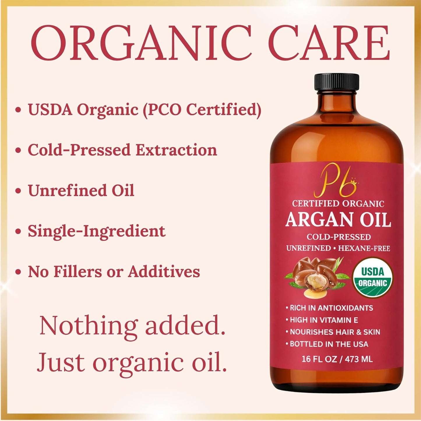 Pomberries USDA Organic Argan Oil 16 fl oz – Cold-Pressed, Unrefined Moroccan Argan Oil for Hair & Skin – Glass Bottle with Pump