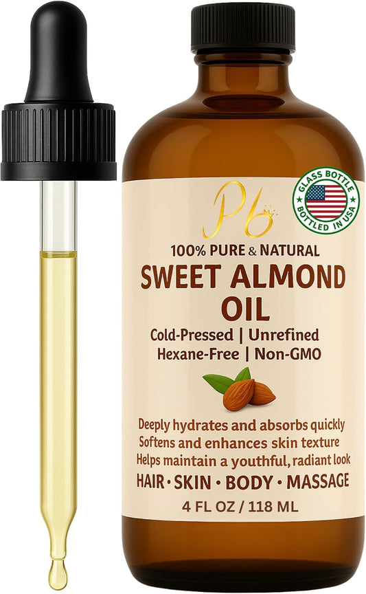 Almond Oil – 4 fl oz | 100% Pure, Cold-Pressed, Unrefined &amp; Hexane-Free | Sweet Almond Carrier Oil for Skin, Face &amp; Hair | Lightweight Moisturizer &amp; Massage Oil for Daily Beauty &amp; Self-Care