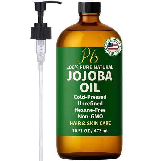 Jojoba Oil – 16 fl oz Glass Bottle with Pump – Cold-Pressed, Unrefined & Hexane-Free Jojoba Oil for Hair, Skin & Face – Natural Moisturizer & Lightweight Carrier Oil for Essential Oils & Massage