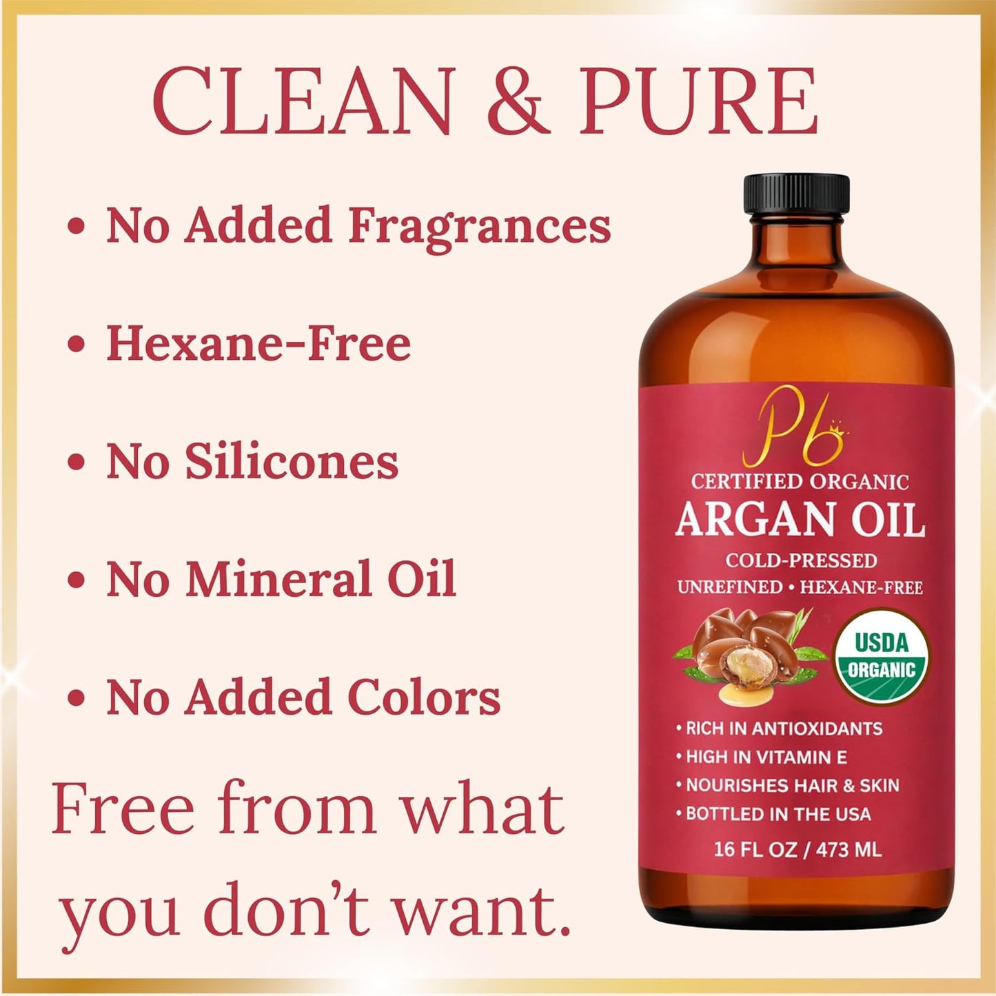 Pomberries USDA Organic Argan Oil 16 fl oz – Cold-Pressed, Unrefined Moroccan Argan Oil for Hair & Skin – Glass Bottle with Pump
