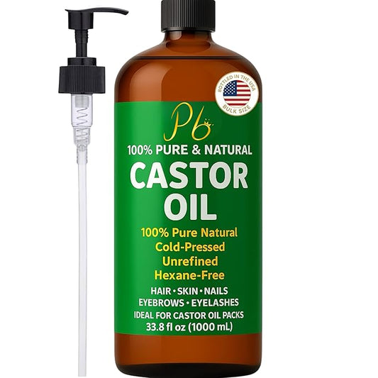 Castor Oil – Bulk Size 33.8 fl oz (1 Liter), 100% Pure, Cold-Pressed, Unrefined &amp; Hexane-Free | Hair Growth Oil, Eyelash &amp; Eyebrow Serum, Skin &amp; Scalp Moisturizer, Carrier Oil, Castor Oil Pack Wrap