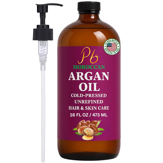 Argan Oil – 16 fl oz Glass Bottle with Pump | Argan Oil for Hair, 100% Pure Moroccan Cold-Pressed & Unrefined | Face & Skin Moisturizer, Nail & Cuticle Care, Carrier & Massage Oil