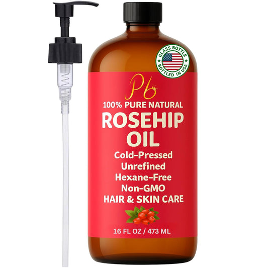 Rosehip Oil – 16 fl oz Glass Bottle with Pump – Cold-Pressed & Unrefined, Rosehip Oil for Face, Skin & Hair – Natural Moisturizer for Scars, Wrinkles, Stretch Marks & Gua Sha Massage