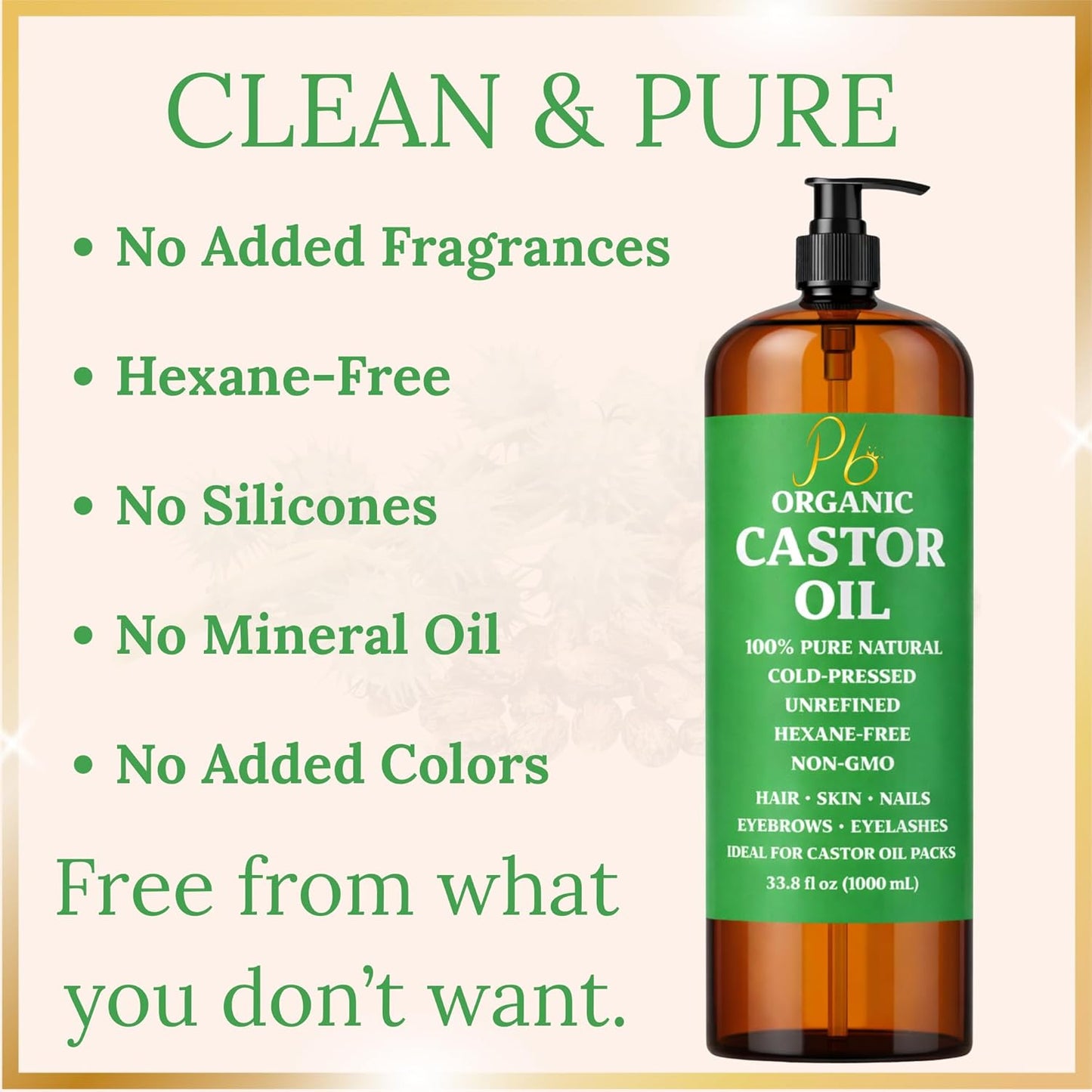 Castor Oil – Bulk Size 33.8 fl oz (1 Liter), 100% Pure, Cold-Pressed, Unrefined &amp; Hexane-Free | Hair Growth Oil, Eyelash &amp; Eyebrow Serum, Skin &amp; Scalp Moisturizer, Carrier Oil, Castor Oil Pack Wrap