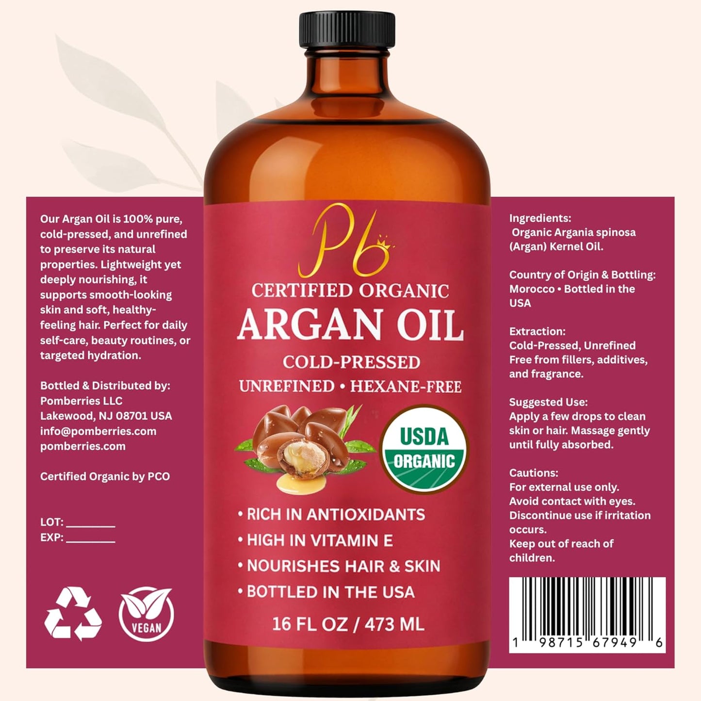 Pomberries USDA Organic Argan Oil 16 fl oz – Cold-Pressed, Unrefined Moroccan Argan Oil for Hair & Skin – Glass Bottle with Pump