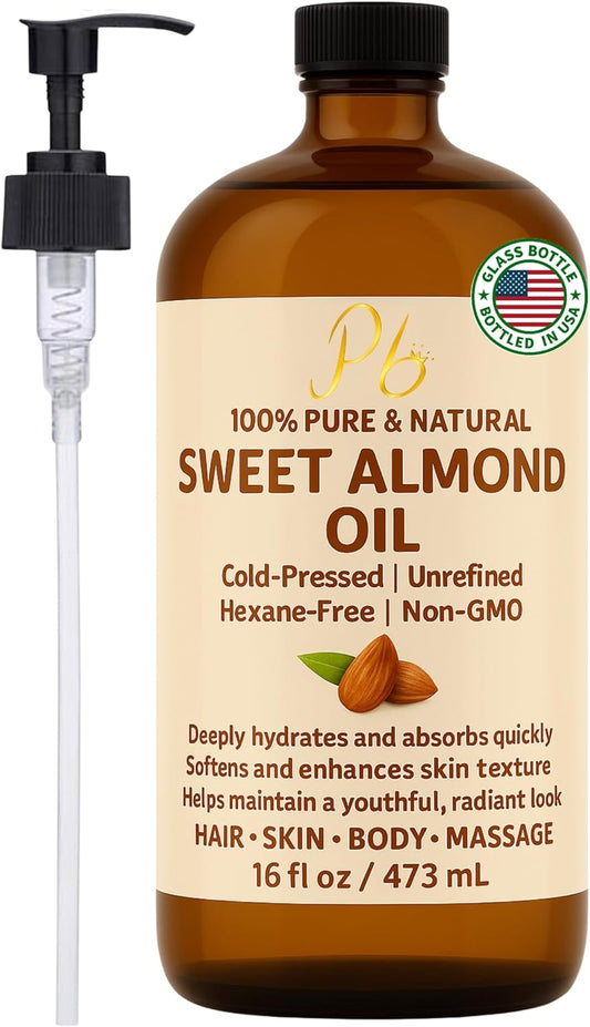 Almond Oil – 16 fl oz Glass Bottle with Pump | 100% Pure, Cold-Pressed, Unrefined &amp; Hexane-Free | Sweet Almond Carrier Oil for Skin, Face &amp; Hair | Natural Moisturizer &amp; Massage Oil