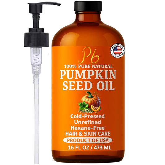 Pumpkin Seed Oil – Cold-Pressed &amp; 100% Pure, Unrefined Pumpkin Oil for Hair Growth, Dry Skin &amp; Face – Natural Anti-Aging Moisturizer &amp; Hair Oil for Dry, Damaged Hair – Glass Bottle with Pump, 16 fl oz
