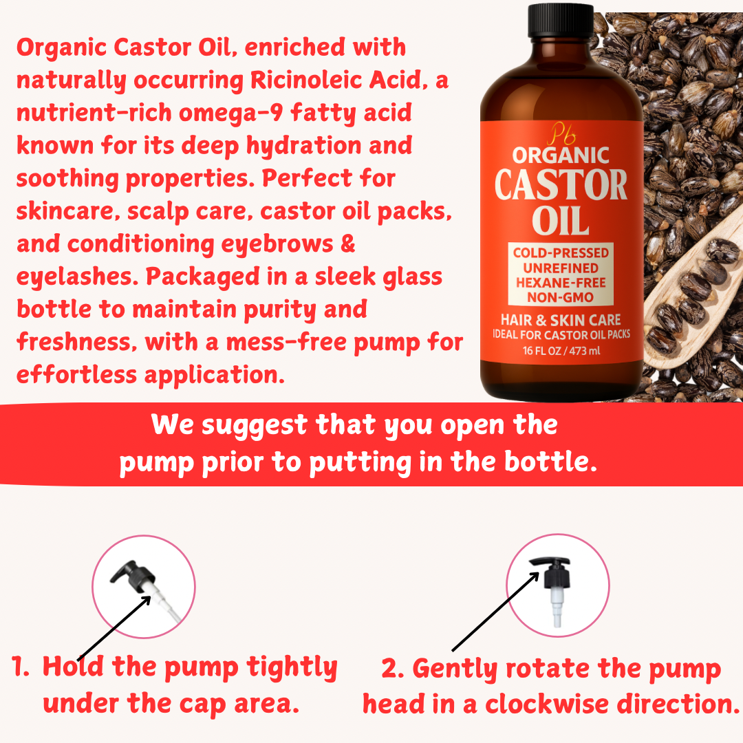 Organic Cold-Pressed Castor Oil – 16 fl oz | Hexane-Free, Unrefined | Amber Glass Bottle with Pump | Hair, Scalp & Skin Moisturizer | Lash, Brow & Beard Oil | Castor Oil Packs for Detox & Wellness