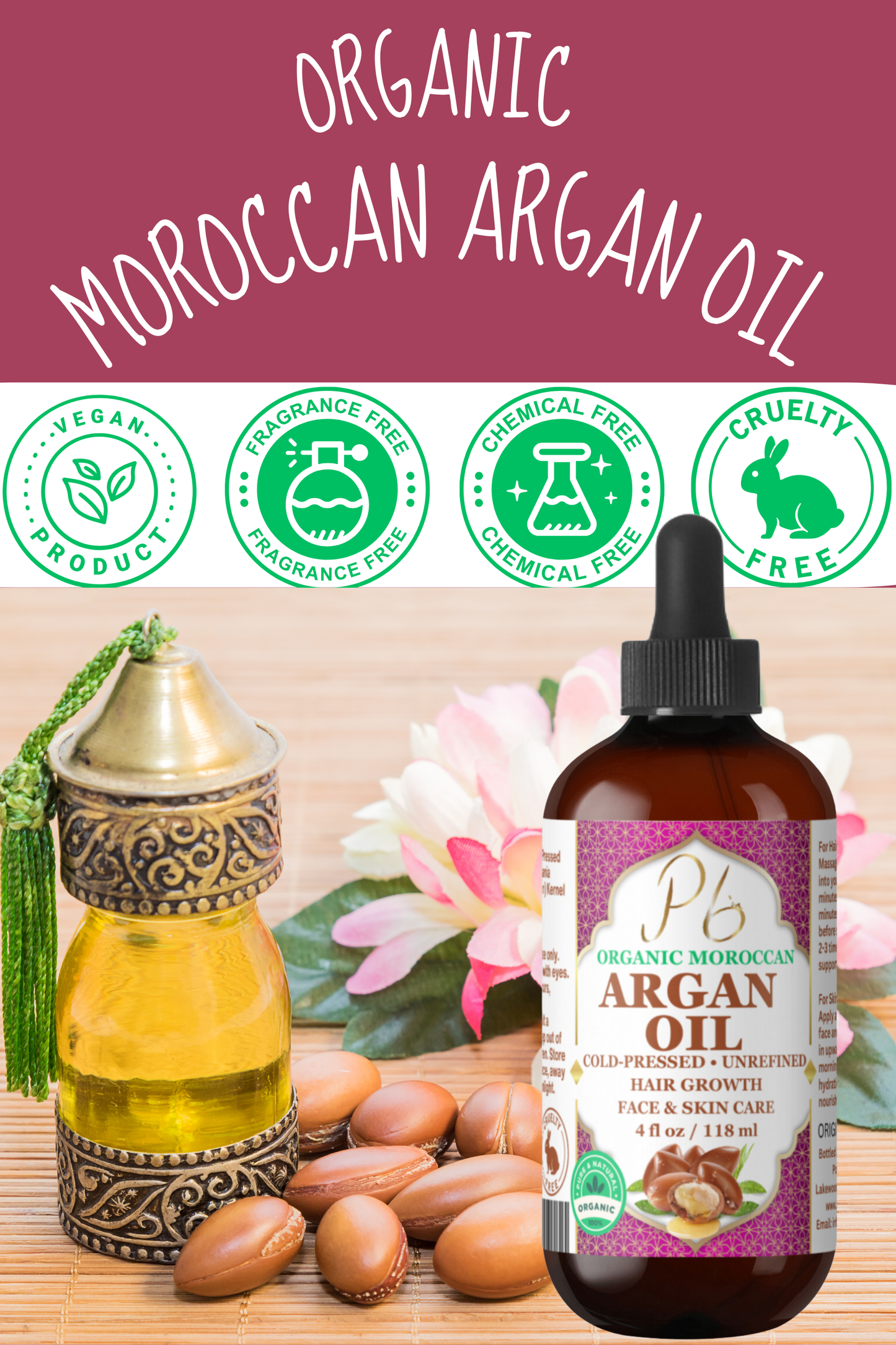 Organic Moroccan Argan Oil, 100% Pure Argan Oil, Cold Pressed Virgin Premium Grade Natural Moisturizer Treatment For Dry, Damaged Skin, Hair, Face, Body & Scalp, Argan Face Oil - Men & Women 4 fl oz