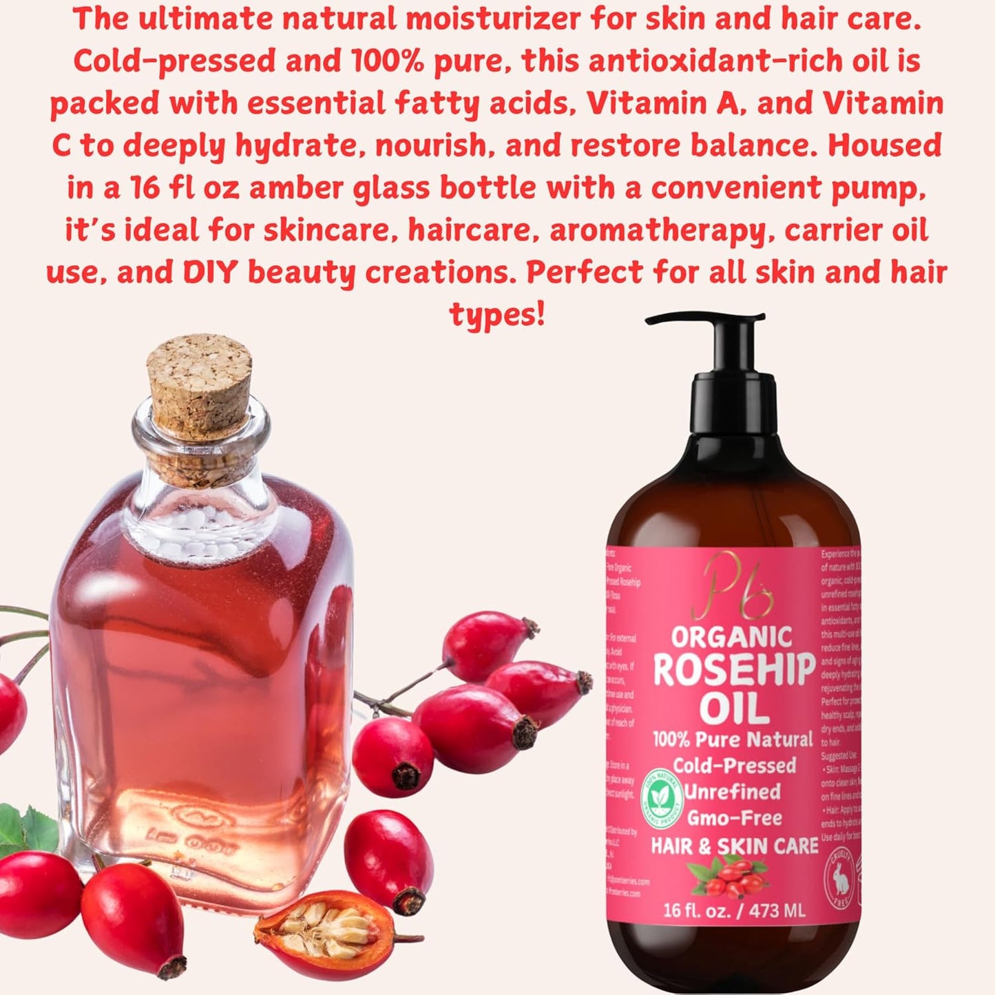 Pomberries Organic Rosehip Seed Oil, 100% Pure & Cold-Pressed, Natural Face Oil for Anti-Aging, Scar Treatment, Skin Moisturizer & Hair Care - Extra Virgin Rosehip Oil 16 fl oz Bulk Glass Bottle with Pump