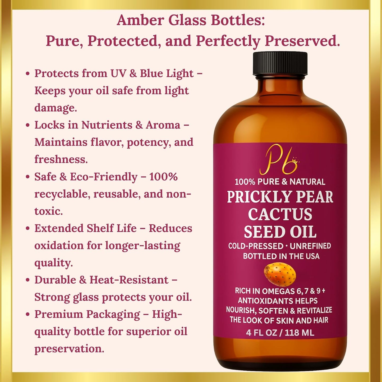 Prickly Pear Seed Oil | 100% Pure, Cold-Pressed & Unrefined, Prickly Pear Oil for Face, Skin & Hair, Helps Improve the Look of Fine Lines & Wrinkles | 4 fl oz Glass Bottle