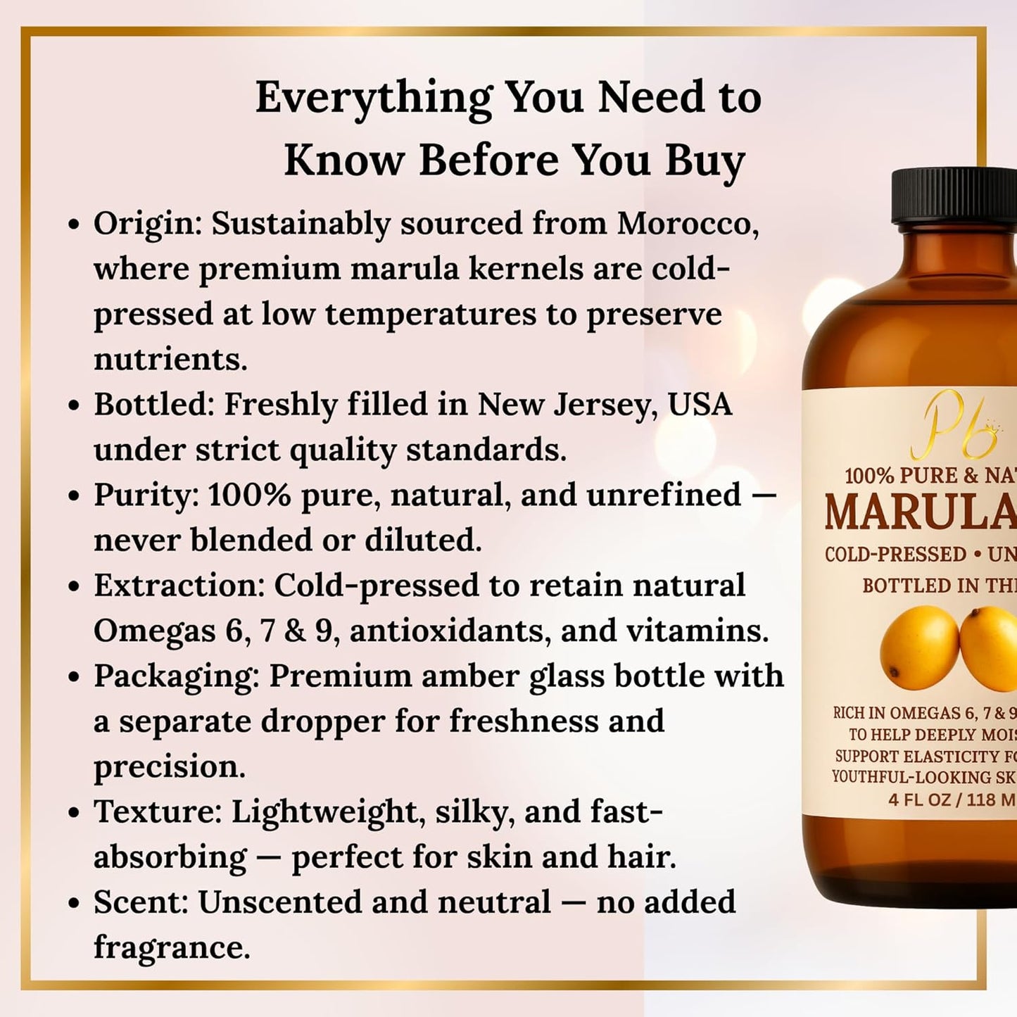 Pomberries Marula Oil 4 fl oz | 100% Pure Cold-Pressed Marula Oil for Face, Hair & Body | Glass Bottle | Sourced from Morocco | Bottled in USA